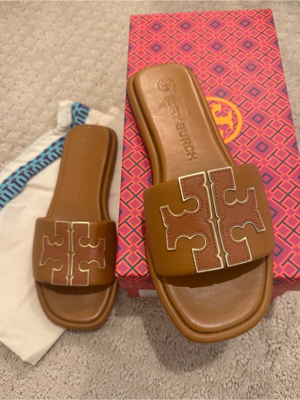 Tory Burch Brown Leather Double T Sport Slide Sz 9